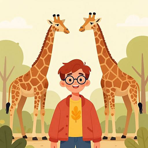 Cartoon illustration of a red-haired boy with glasses and a red jacket, standing between two tall giraffes in a sunny, tree-filled savanna