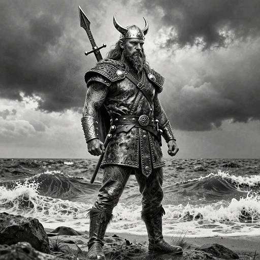 Black-and-white digital artwork of a Viking warrior with horned helmet, armored clothing, and sword standing on rocky shore against stormy sea and sky.