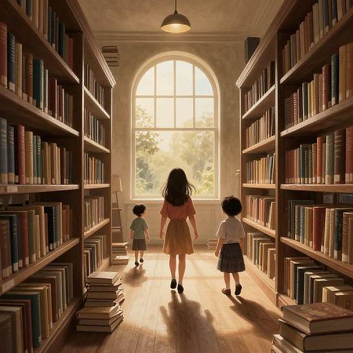 Digital illustration of a sunlit library with three children walking away from arched window, surrounded by tall wooden bookshelves.