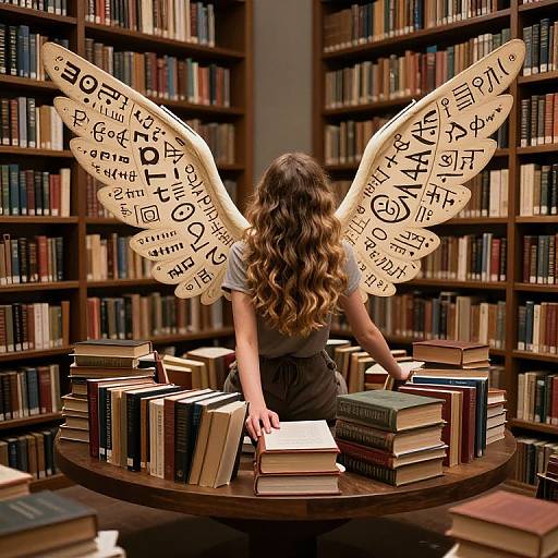 Photograph: Woman with long, wavy brown hair, back to camera, has white wings with black words, surrounded by books in a library.