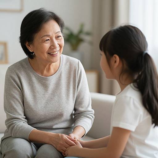 Photograph of an elderly Asian woman with short black hair, smiling, wearing a gray sweater, sitting on a couch, talking to a younger Asian girl