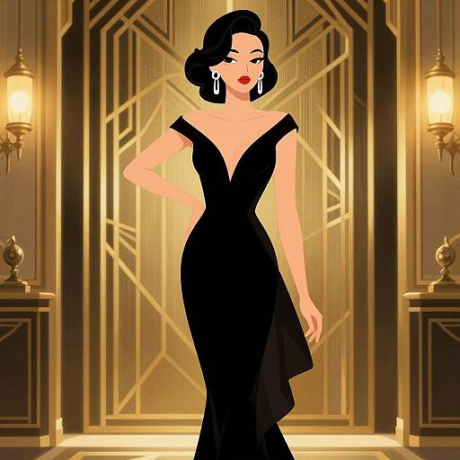 Digital art of a glamorous woman with black bob hair, red lipstick, and black off-shoulder gown, standing in a golden Art Deco room