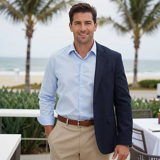Photograph of a smiling, handsome man with short brown hair, wearing a light blue shirt, navy blazer, beige pants, and brown belt,