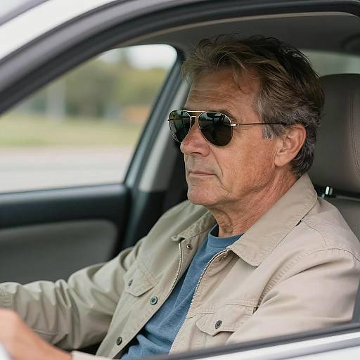 Middle-aged Man Driving Car with Sunglasses
