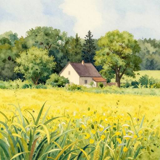 Watercolor painting of a quaint white cottage with a brown roof, nestled in a vibrant yellow field of wildflowers, surrounded by lush green trees under a