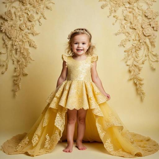 Smiling toddler in elegant yellow lace dress