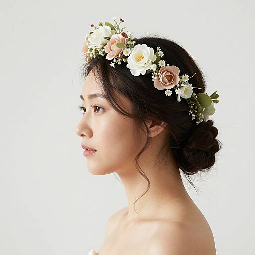 Photograph of an Asian woman with fair skin, black hair in a bun, wearing a floral crown with white and pink flowers, in profile against a