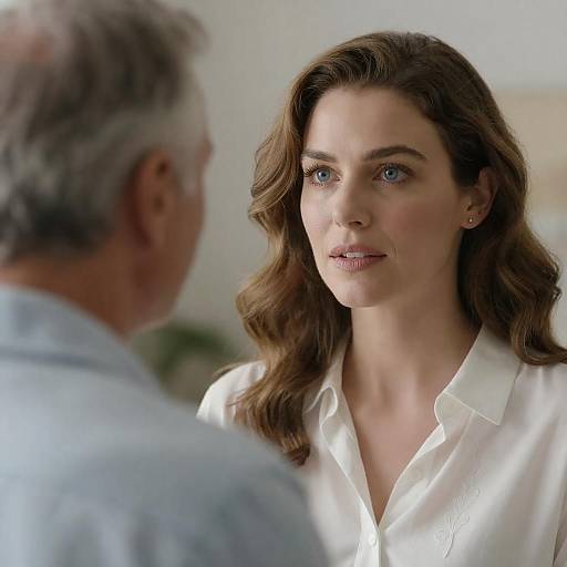 Photograph of a fair-skinned, brown-haired woman with blue eyes, wearing a white button-up shirt, facing an older man with grey hair,