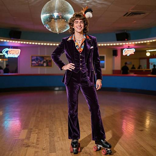 Photograph of a smiling man with curly hair, wearing a purple velvet suit, roller skates, and a feathered headpiece, standing in a