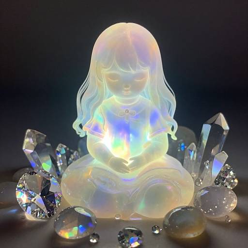 Photograph of a glowing, translucent crystal statue of a serene girl with wavy hair, surrounded by colorful, faceted crystals.