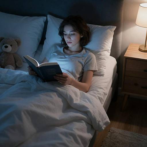 Woman Reading in Bed Under Blue Light