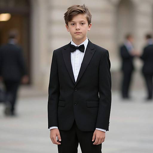 Photograph of a young boy with short brown hair, wearing a black tuxedo with a bow tie, standing in a blurred, elegant outdoor setting