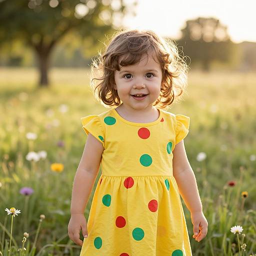 Photograph of a smiling young girl with curly brown hair, wearing a bright yellow dress with red and green polka dots, standing in a sunlit