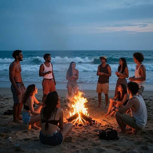 Photograph of seven diverse beachgoers, six men and one woman, sitting around a campfire at dusk, with ocean waves in the background.