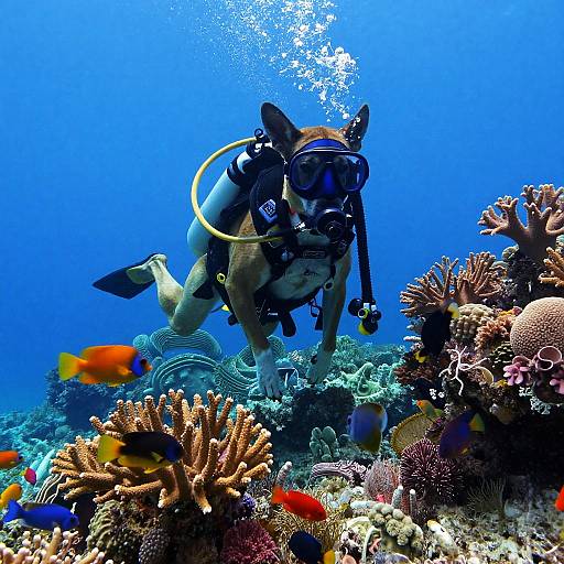 Dog in Scuba Gear Exploring Coral Reef