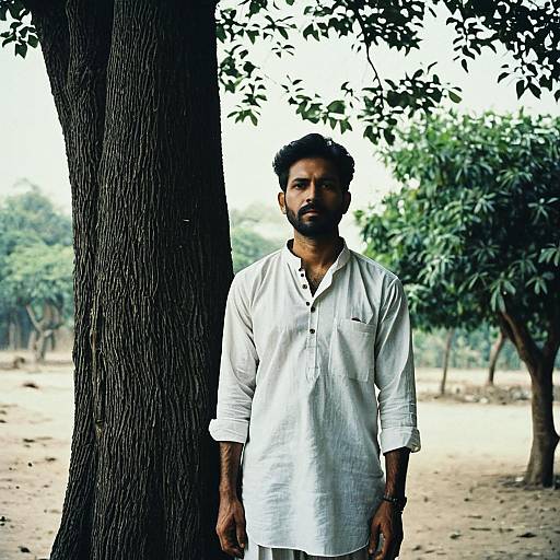 Photograph of a bearded South Asian man with short black hair, wearing a white long-sleeve kurta, standing against a tree in a