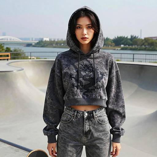 Photograph of a young woman with medium brown skin, black hair, wearing a gray tie-dye hoodie and high-waisted jeans, standing in