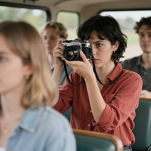 Focused Woman with Vintage Camera