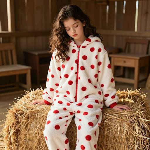 Photograph of a young woman with curly brown hair, wearing a white, red polka-dotted fleece onesie, sitting on a hay bale