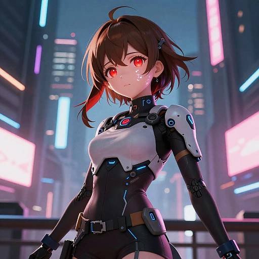 Digital anime-style artwork of a red-eyed, brown-haired cybernetic woman in a futuristic city, wearing a black and white bodysuit with glowing