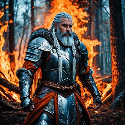 Warrior in Heavy Armor Amid Fiery Forest