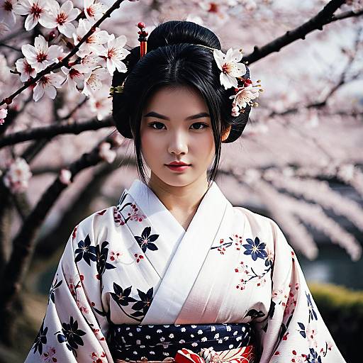 Japanese Woman in Kimono with Cherry Blossoms