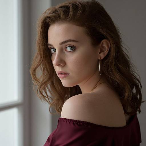 Photograph of a fair-skinned woman with wavy brown hair, blue eyes, wearing an off-shoulder maroon top, large hoop earrings