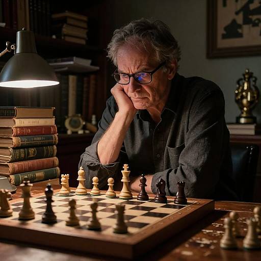 Photograph of an older man with gray hair and glasses, deep in thought, playing chess under a bright lamp in a dimly lit study.