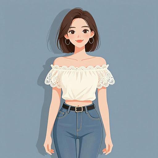 Digital drawing of a smiling woman with short brown hair, wearing a white off-shoulder top, high-waisted blue jeans, and hoop earrings