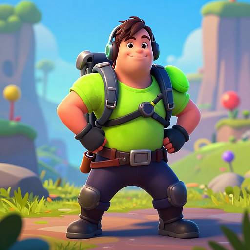 CGI cartoon of a chubby, smiling man with brown hair, wearing a green shirt, black pants, and backpack, standing confidently in a colorful,