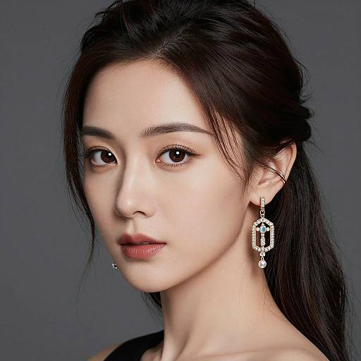 Photograph of an Asian woman with fair skin, dark hair in a loose updo, wearing dramatic diamond earrings and red lipstick, against a gray background