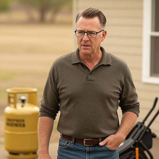 Photograph of middle-aged white man with short brown hair, glasses, gray polo shirt, blue jeans, standing outdoors near yellow propane tank.