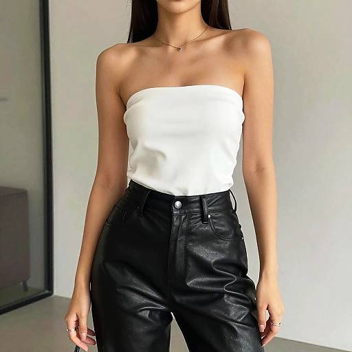 Photograph of a slim, light-skinned woman with long black hair, wearing a strapless white top and high-waisted black leather pants,