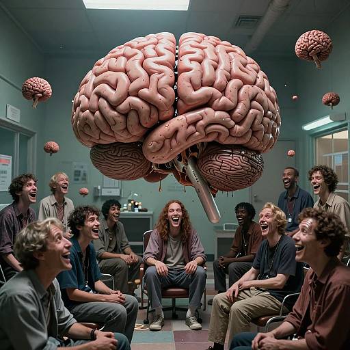 Photograph of a laughing group of diverse, casually-dressed men and women in a lab-like room with floating, oversized, pink brain sculptures above them