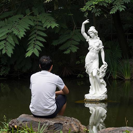 Serene Forest Pond with Statue