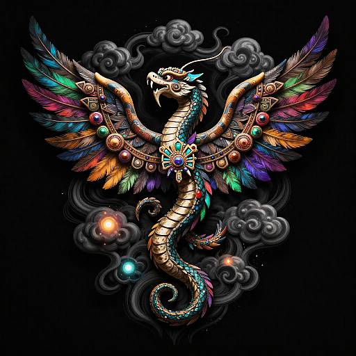 Vibrant, detailed digital drawing of a multicolored dragon with elaborate feathered wings, gem-encrusted chest, and serpentine