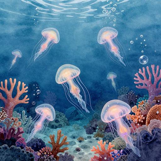 Vibrant underwater scene: six glowing jellyfish float among colorful coral reefs and sea anemones, illuminated by sunlight filtering from above.