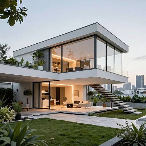 Photograph of a modern, two-story glass house with a white exterior, expansive windows, potted plants, outdoor seating, and a grassy lawn