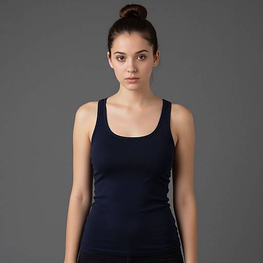 Photograph of a young woman with fair skin, dark brown hair in a bun, wearing a black tank top, standing against a gray background, looking