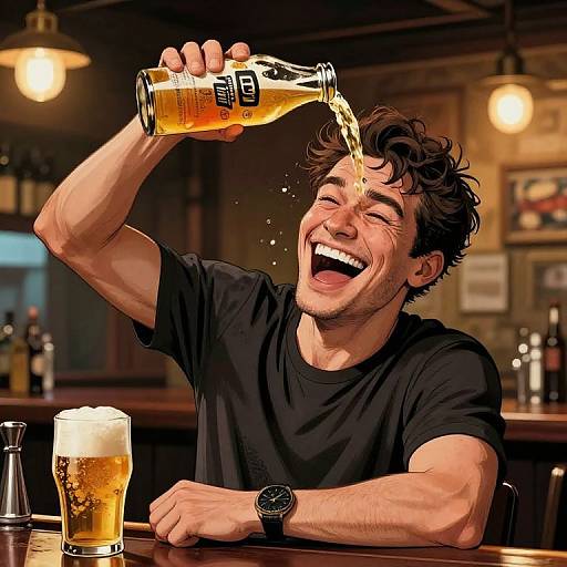 Photograph of a smiling, curly-haired man in a black t-shirt pouring beer into his mouth, with a foamy beer glass on a wooden bar