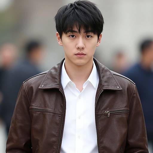 Photograph of an Asian man with black hair, wearing a brown leather jacket over a white shirt, standing outdoors with a blurred background of people.