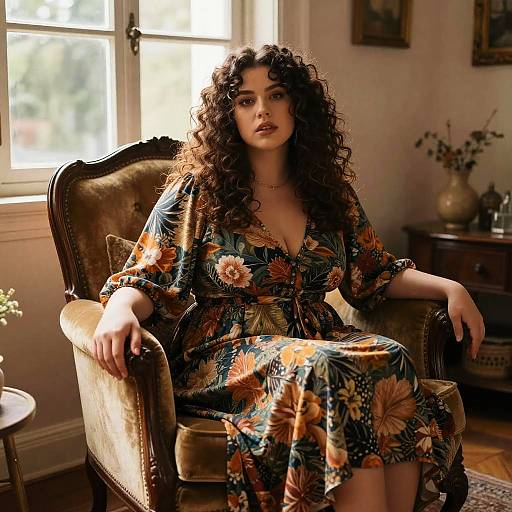 Photograph of a curly-haired woman with fair skin and full lips, wearing a floral-patterned dress, sitting in an ornate, vintage armchair