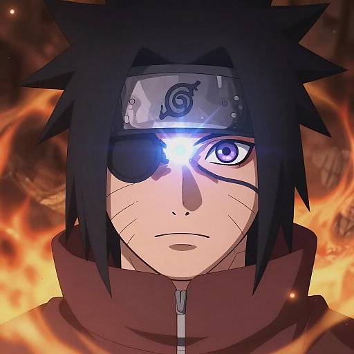 Anime-style portrait of a serious Naruto with black spiky hair, an eyepatch, glowing eye, forehead protector, and red cloak, set against