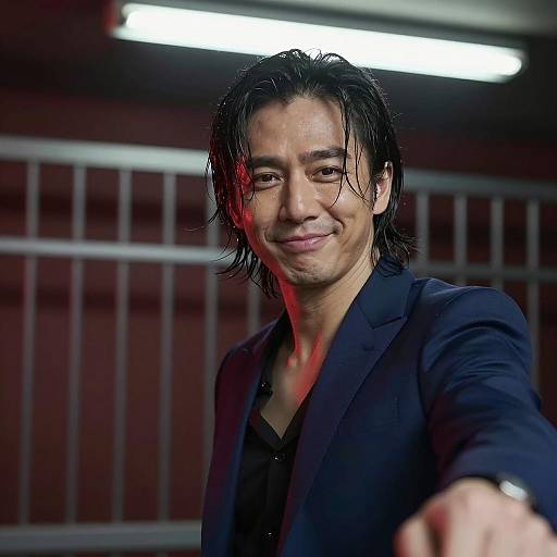 Man in Blue Blazer Reaching Forward