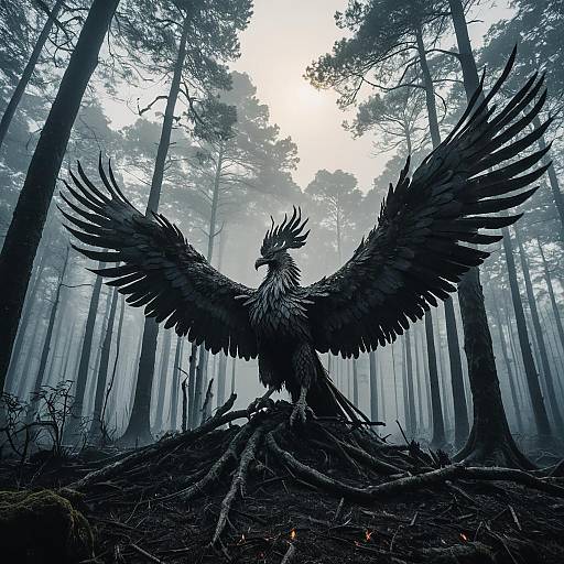 Mythical Phoenix Rising in Misty Forest