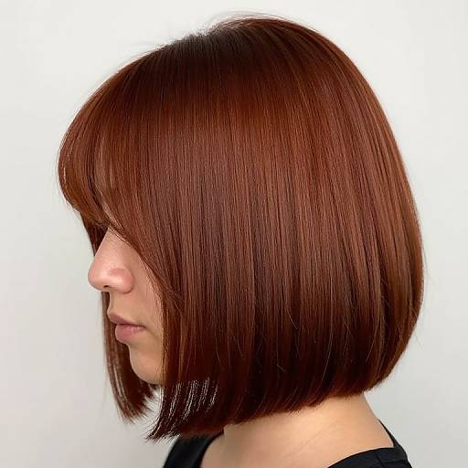 Photograph of a woman with a sleek, straight, dark auburn bob haircut, side profile, white background, wearing a black top.