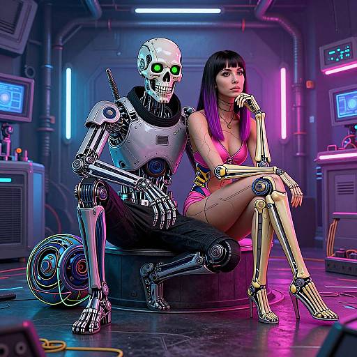 Cyberpunk photo: Human woman with purple hair, pink bikini, and robotic skeleton companion with glowing green eyes, seated in neon-lit lab.