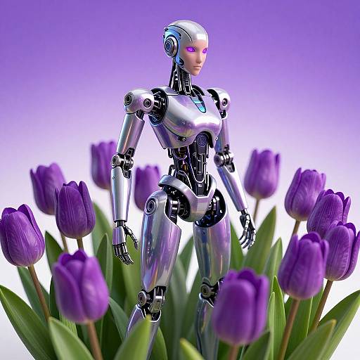 CGI image of a shiny, silver robotic woman with purple eyes standing among vibrant purple tulips against a gradient purple background.