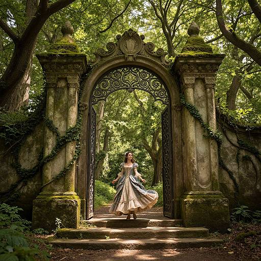 Photograph of a fairy-tale princess in a flowing, off-white gown, standing in an ornate, moss-covered archway, surrounded by lush