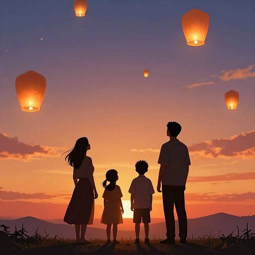 Silhouetted family of three watches colorful sunset with five glowing paper lanterns in sky, mountains in background, vibrant orange and purple hues. Phot
